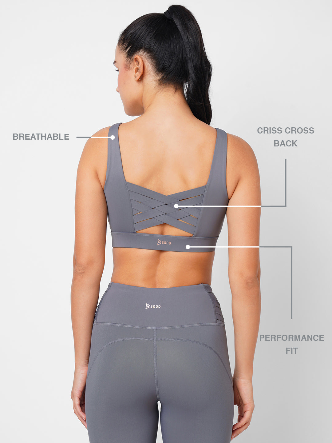 Frost Grey Criss Cross Essential Sports Bra BODD ACTIVE