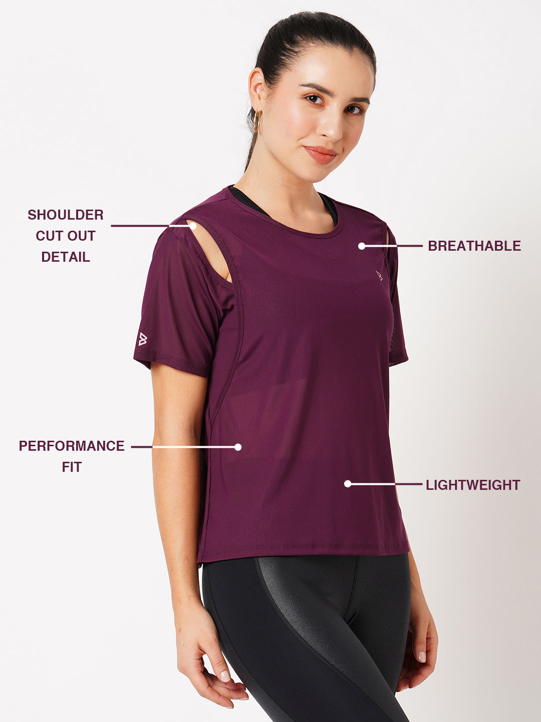 Wine Cut-Out Mesh Tee BODD ACTIVE
