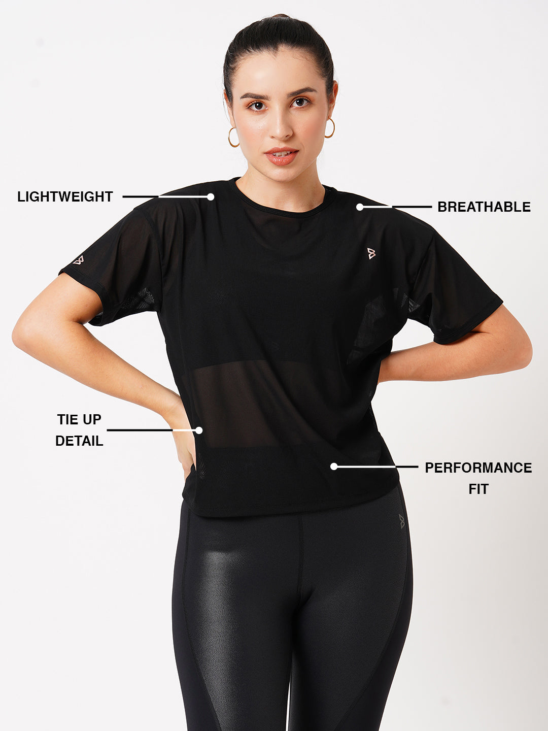 Black Tie-Up Mesh Tee BODD ACTIVE