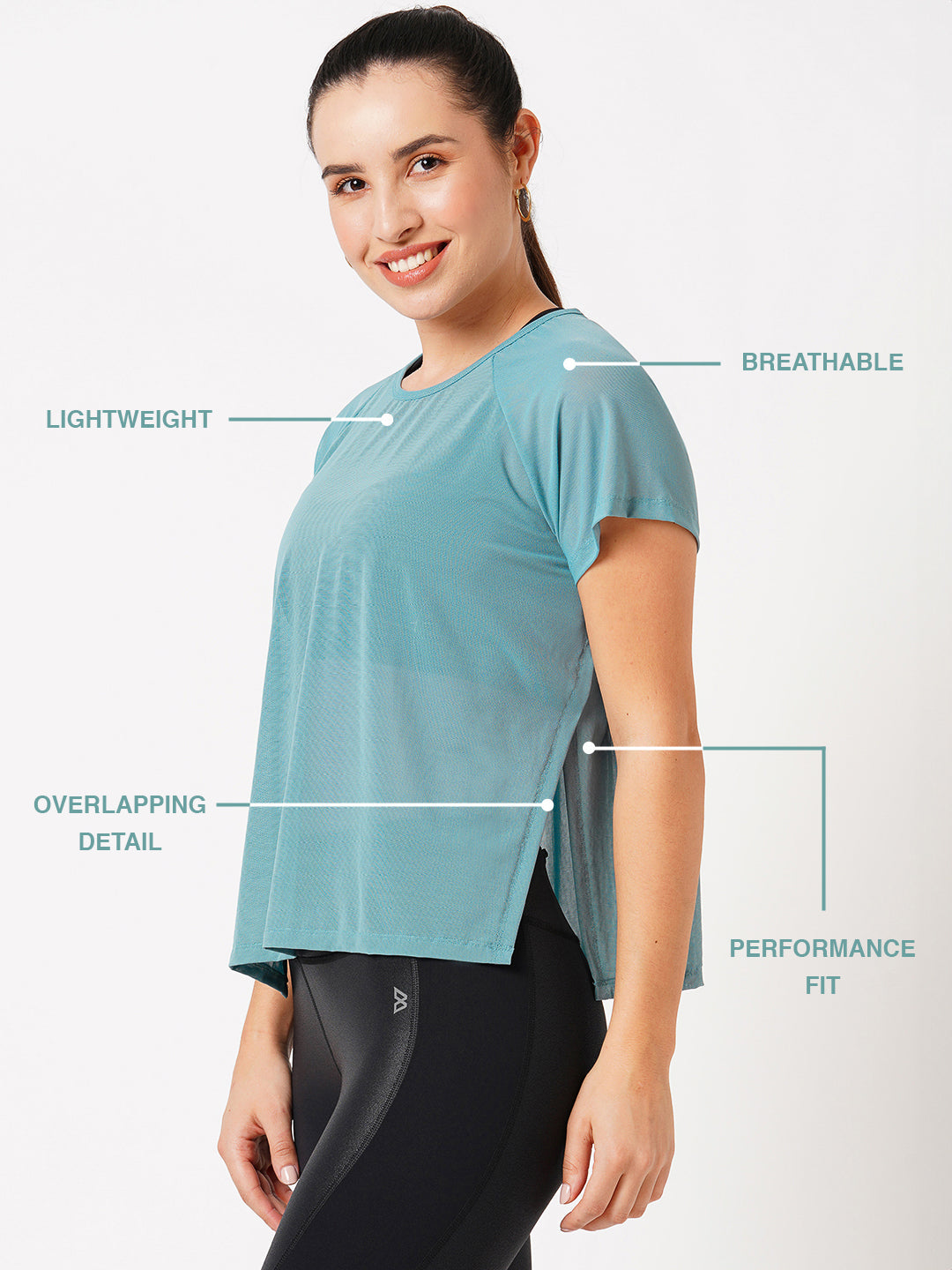 Aqua Teal Overlapping Mesh Tee BODD ACTIVE