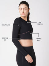 Black & Purple Endurance Full Sleeve Crop Top BODD ACTIVE