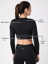 Black & Blue Endurance Full Sleeve Crop Top BODD ACTIVE