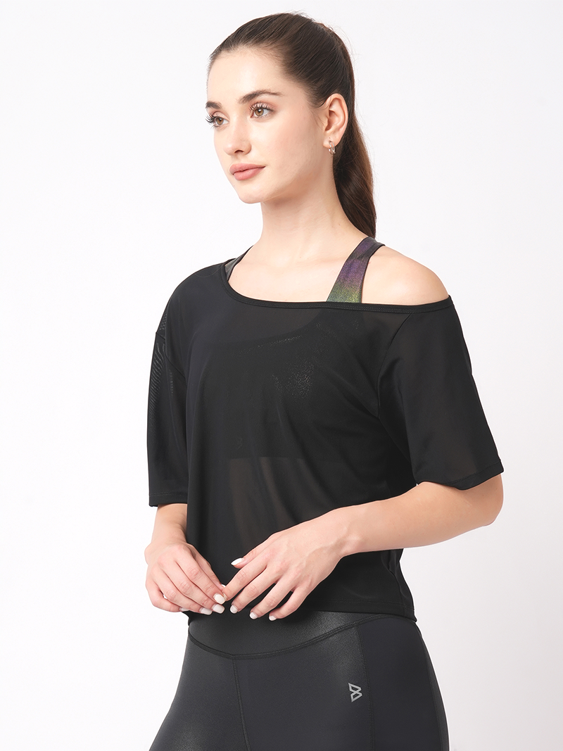 Black Mesh Off-Shoulder Tee