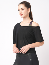 Black Mesh Off-Shoulder Tee