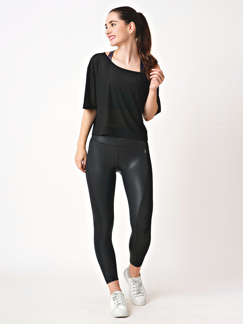 Black Mesh Off-Shoulder Tee