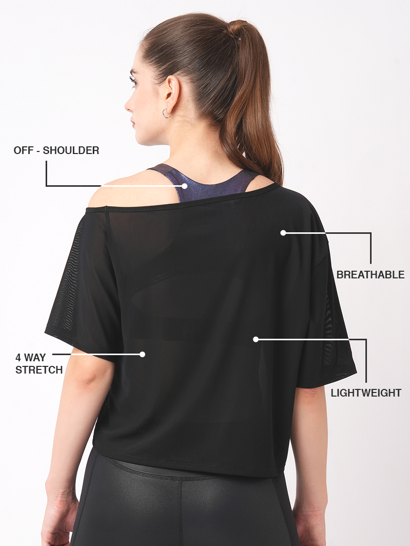 Black Mesh Off-Shoulder Tee
