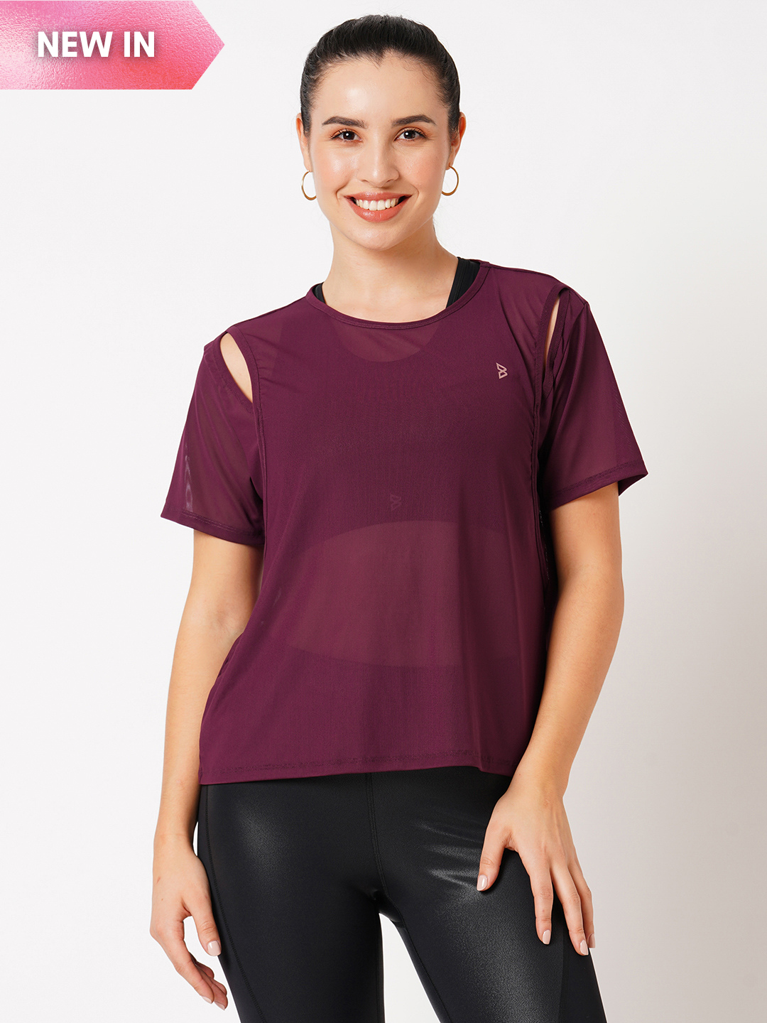 Wine Cut-Out Mesh Tee BODD ACTIVE
